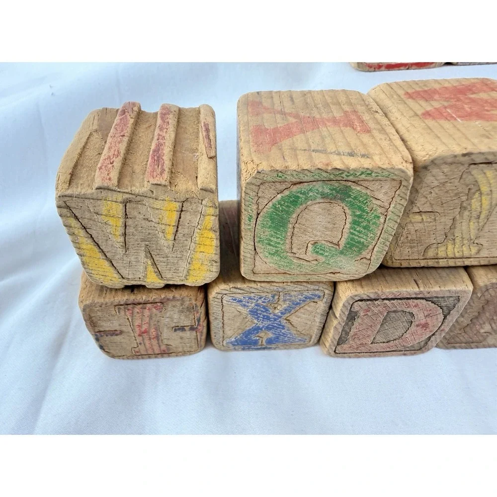 Vintage Wooden Alphabet Blocks‎ ABC Picture Toy Set 44 Nursery Rhyme Animals